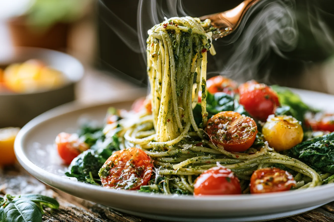Quick 15-Minute Pesto Pasta with Cherry Tomatoes and Spinach – Easy Weeknight Dinner