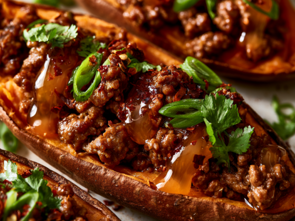 Hot Honey Ground Beef & Sweet Potato Boats